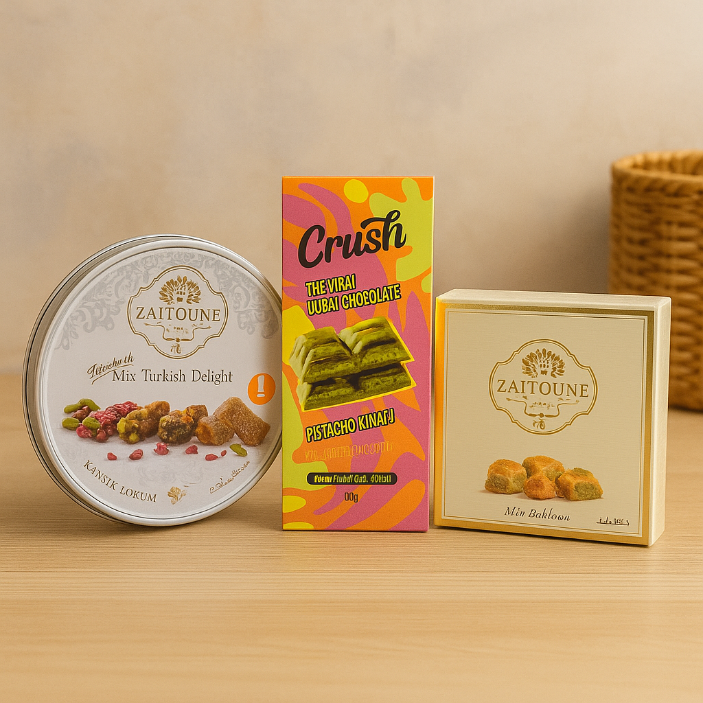 Arabic Sweets Luxury Gift Box – Premium Mix Baklava 100g, Mix Turkish Delight 250g & Dubai Chocolate – Handcrafted Mediterranean Dessert Collection – Ideal Holiday Gift, Corporate Gifting