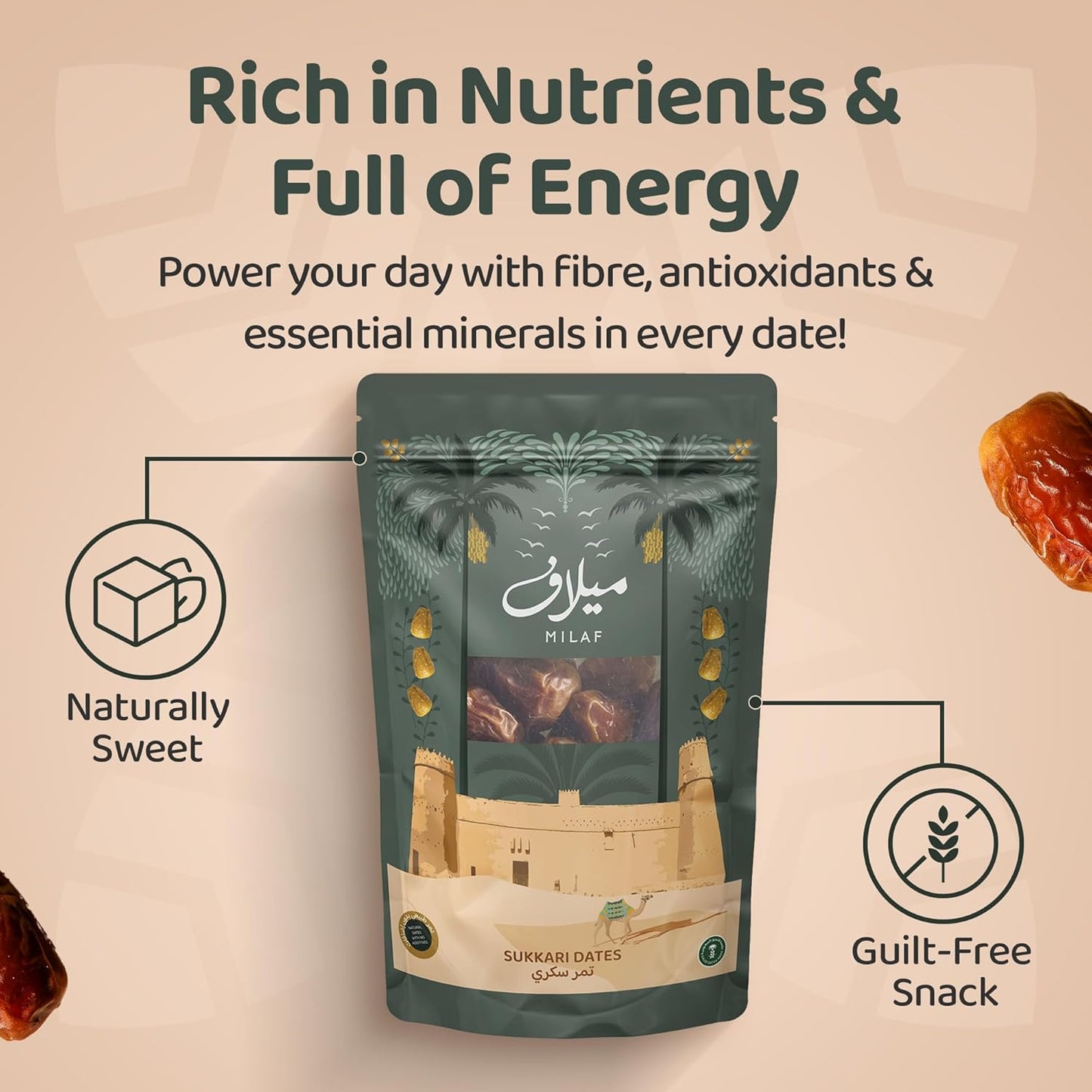 Milaf Premium Sukari Dates  | Fresh, Soft, Delicious & Juicy | Distinct Sweet Taste | No Additives or Preservatives | Ideal for Snacking or Cooking | Can Support a Healthy, Balanced Diet