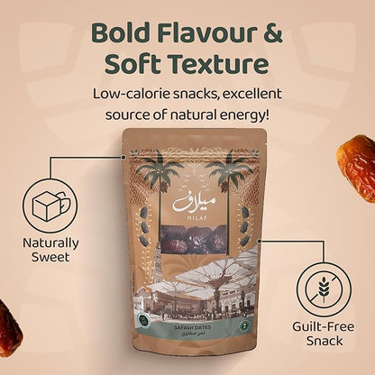 Milaf Safawi Premium Dates Pouch | Fresh, Soft, Delicious & Juicy | Distinct Sweet Taste | No Additives or Preservatives | Ideal for Snacking or Cooking | Can Support a Healthy, Balanced Diet