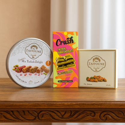 Arabic Sweets Luxury Gift Box – Premium Mix Baklava 100g, Mix Turkish Delight 250g & Dubai Chocolate – Handcrafted Mediterranean Dessert Collection – Ideal Holiday Gift, Corporate Gifting