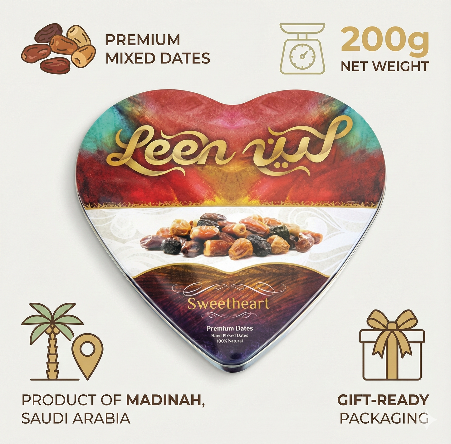Premium Mixed Dates from Madinah, Saudi Arabia – Gift Heart Tin Box, Assorted Dates, Natural & Fresh, 200g