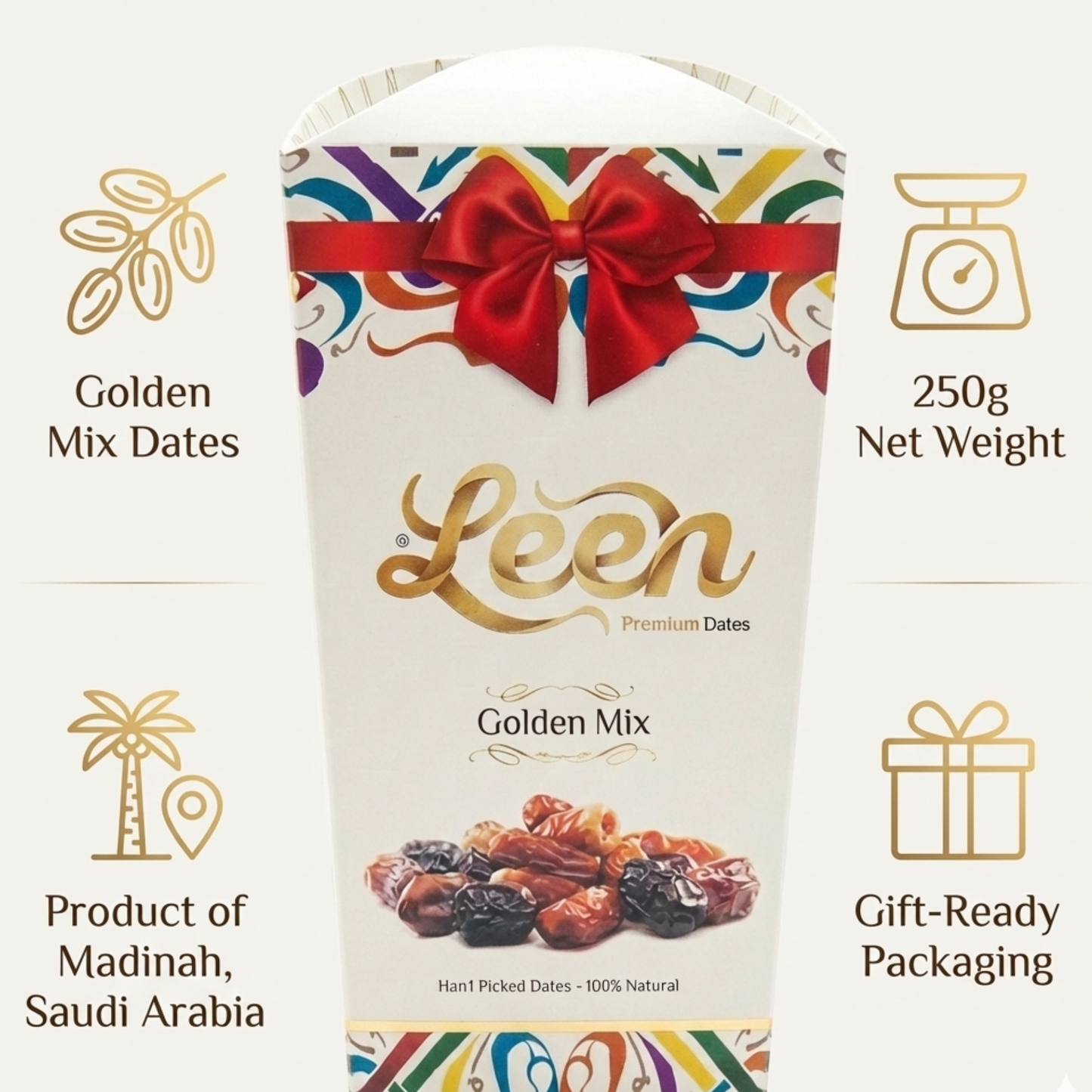 Premium Golden Mix Dates from Madinah, Saudi Arabia – Elegant Gift Box, Handpicked Assorted Dates, Natural & Fresh, 250g
