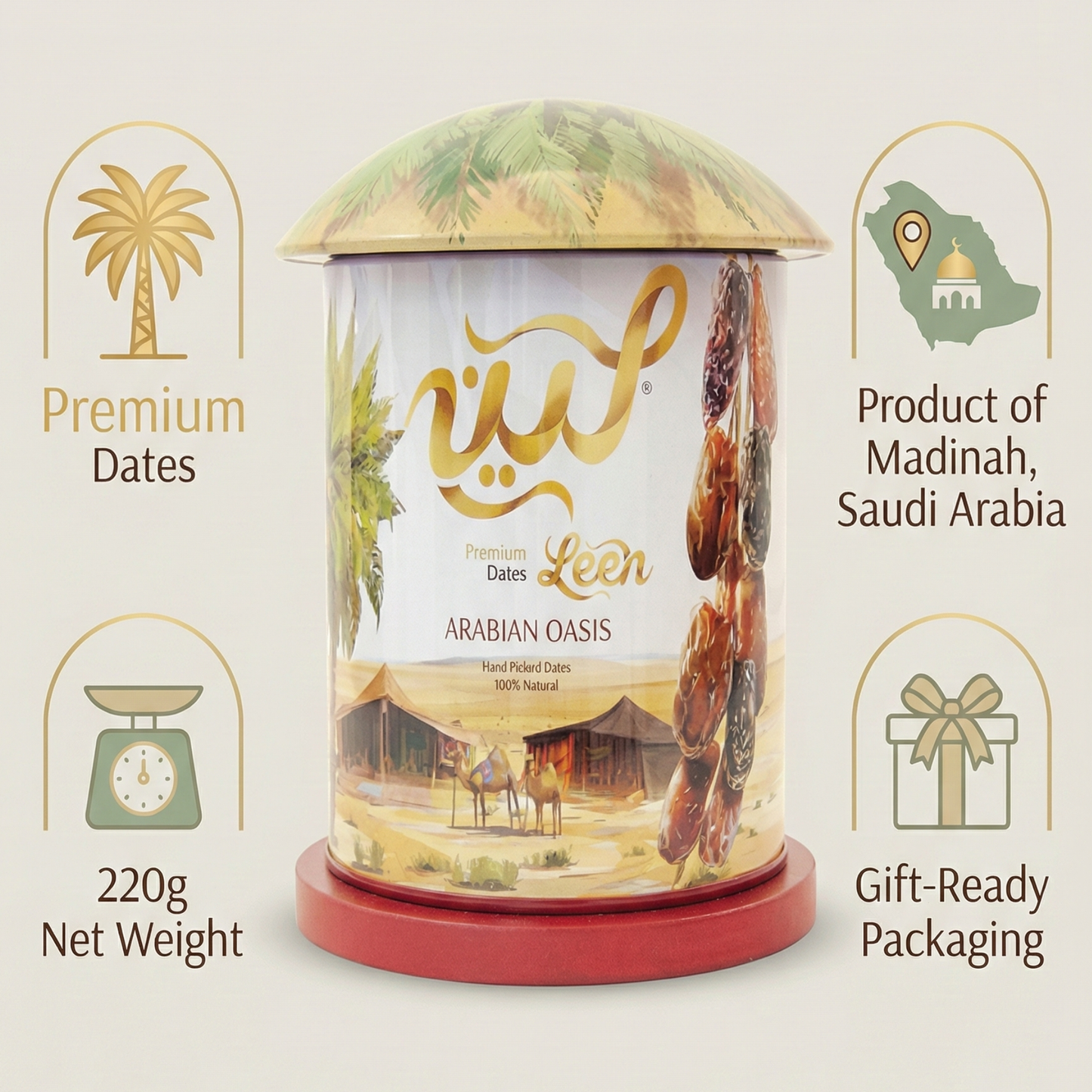 Premium Golden Mix Dates from Madinah, Saudi Arabia – Arabian Oasis Gift Can, Handpicked Assorted Dates, Natural & Fresh, 220g