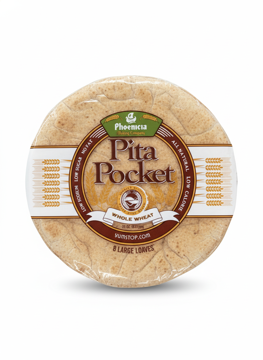 Phoenicia Pita Pocket Fresh Whole Wheat Bread, Large 8pcs, 23oz, (653g)