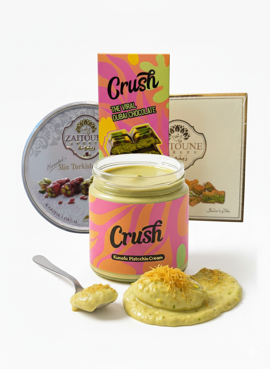 Arabic Sweets Luxury Gift Box –Crush Kunafa Spread Pistachio Cream ,Premium Baklava 250g , Mix Turkish Delight 250g & Dubai Chocolate – Handcrafted Mediterranean Dessert Collection – Ideal Holiday Gift, Corporate Gifting