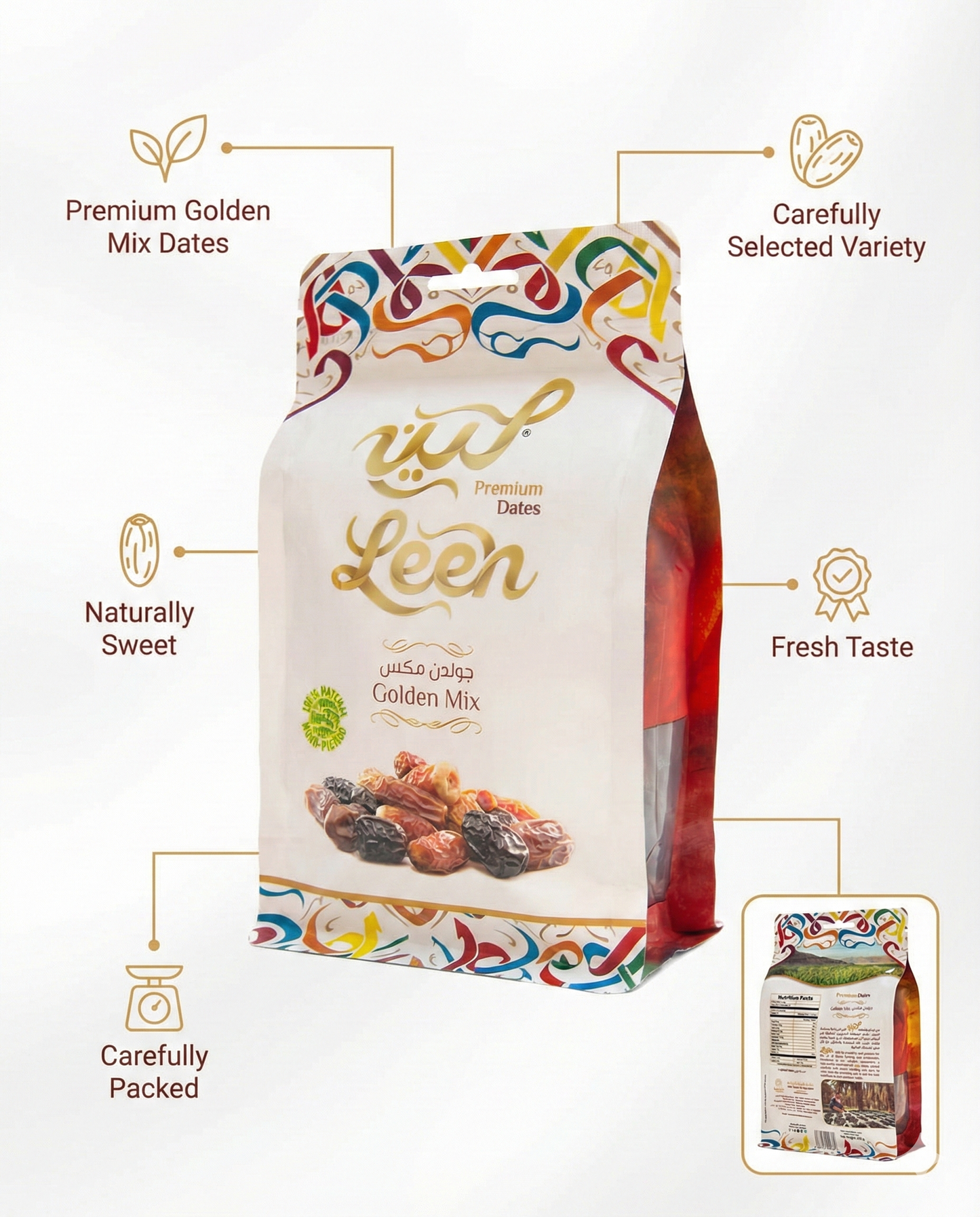 Leen Golden Mix Premium Dates –  Resealable Zipper Pouch | Luxury Mixed Saudi Dates from Al-Madinah Al-Munawarah | Natural, Nutritious & Delicious