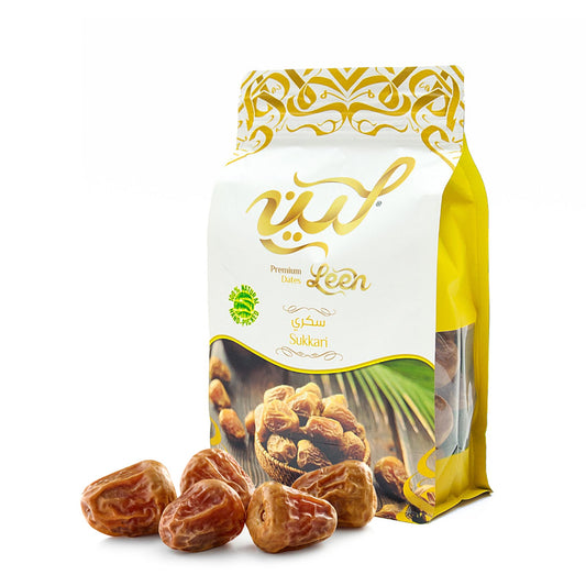Leen Premium Sukkari Dates –  Resealable Zipper Pouch | Golden Dates with Soft Yet Firm Flesh | Naturally Sweet Saudi Variety | 100% Natural, No Added Sugar